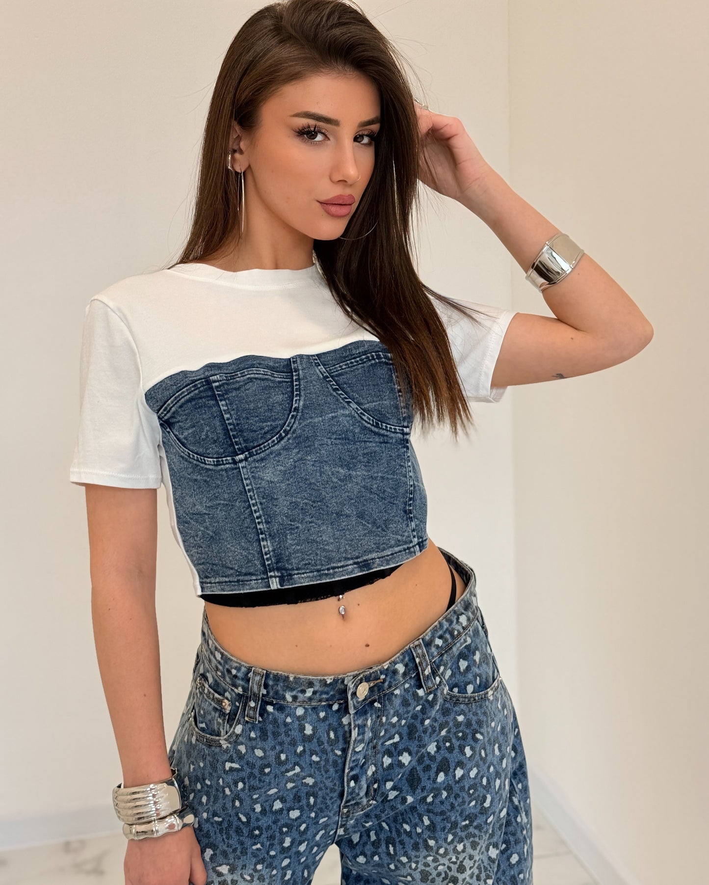 T-SHIRT CROP DENIM BIANCA