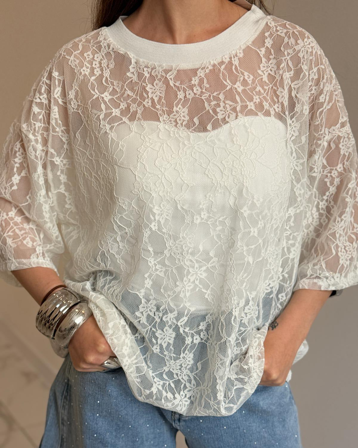 T-SHIRT PIZZO OVER BIANCA