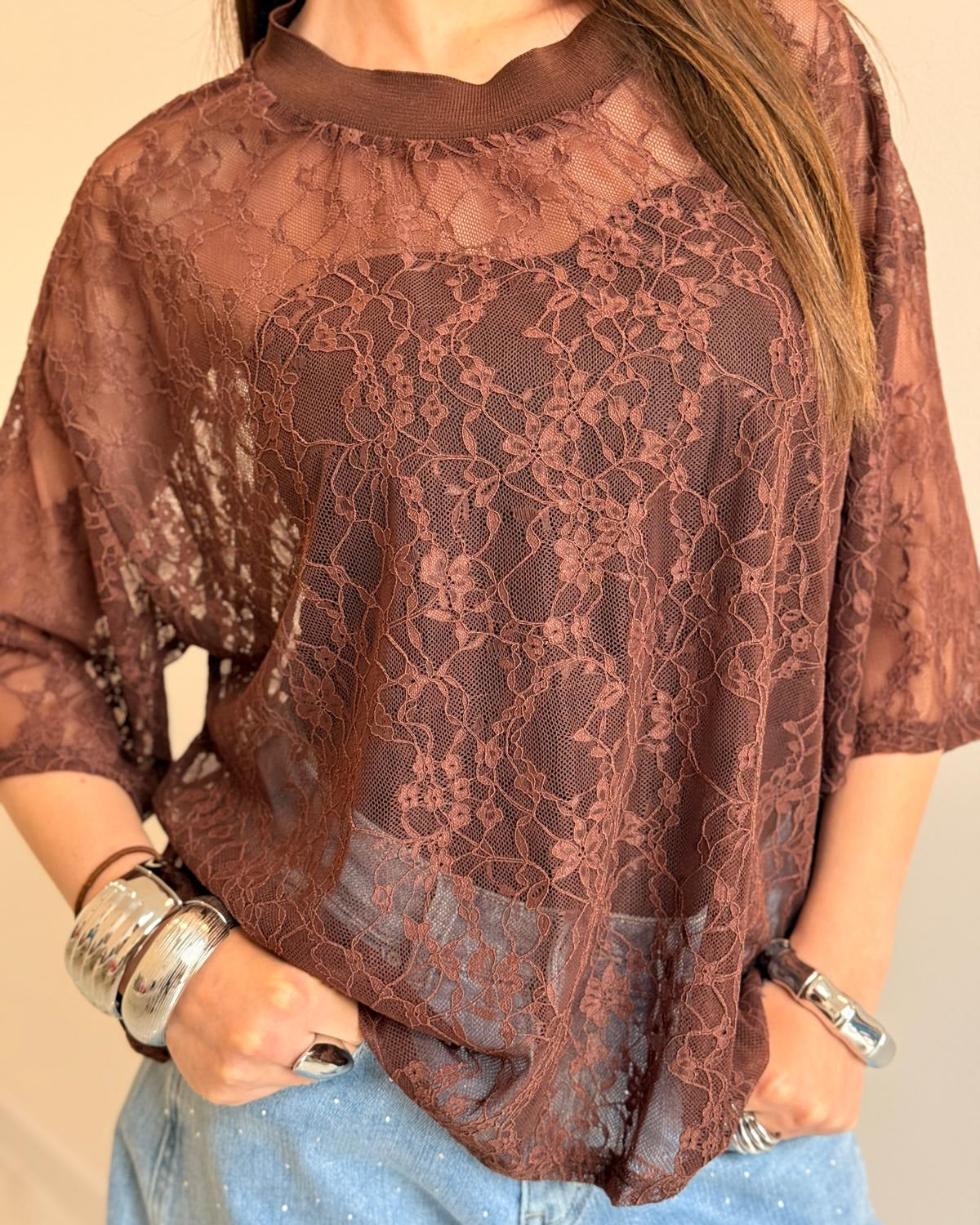 T-SHIRT PIZZO OVER MARRONE