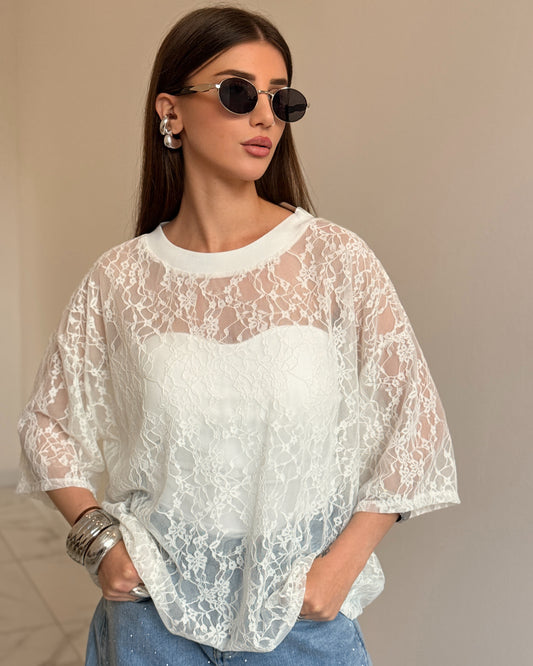 T-SHIRT PIZZO OVER BIANCA