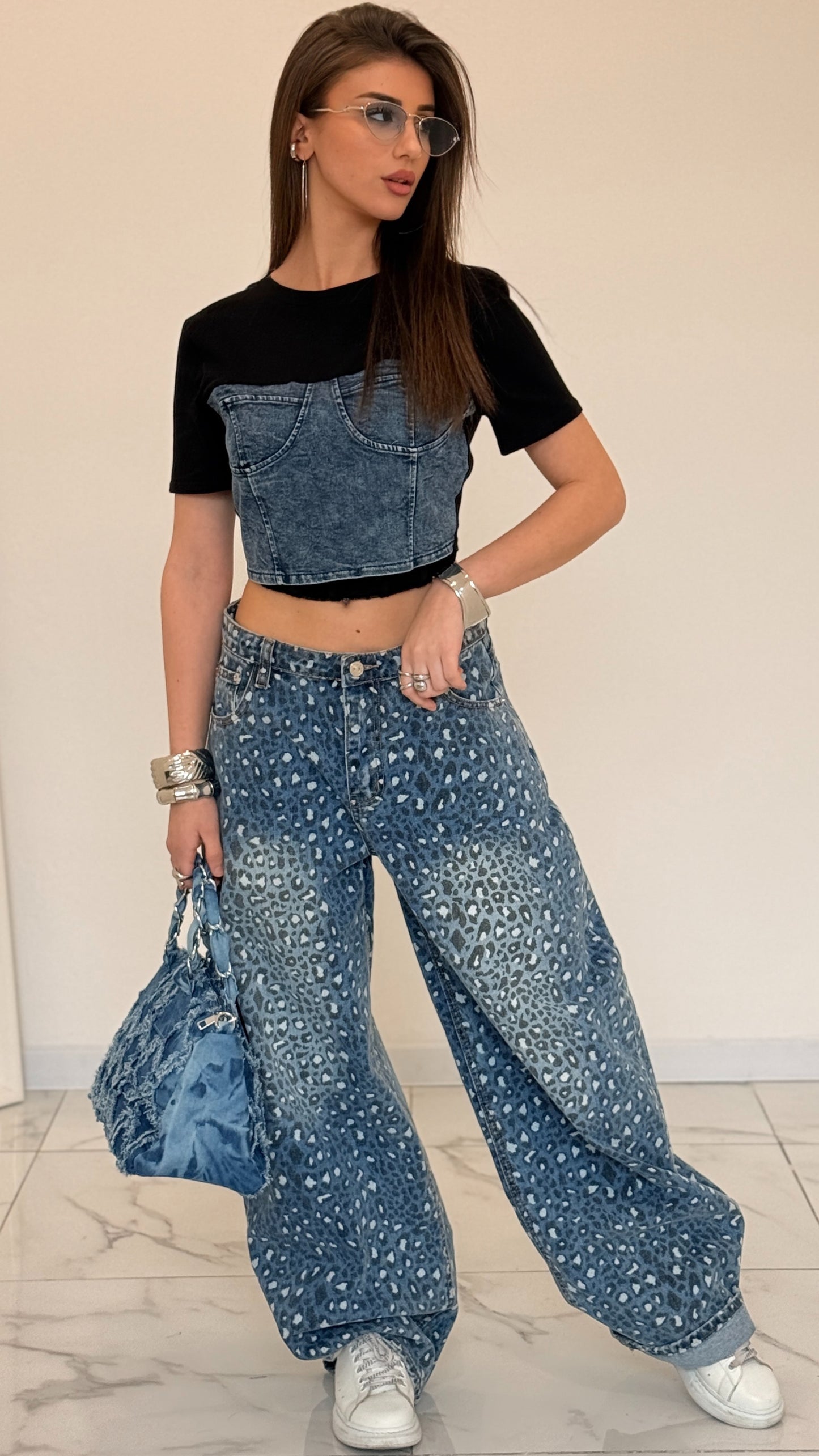 T-SHIRT CROP DENIM NERA