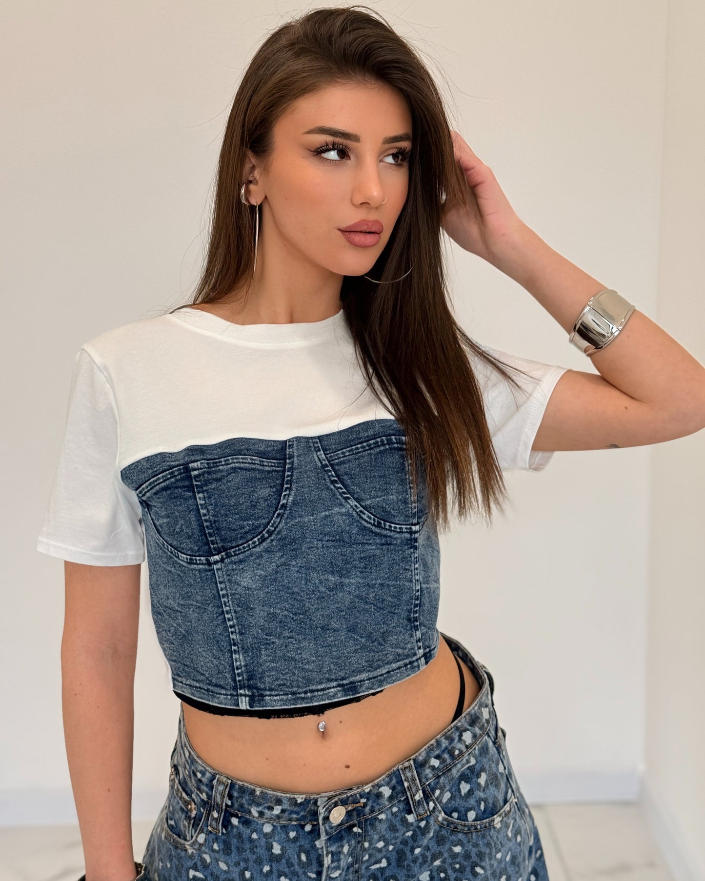 T-SHIRT CROP DENIM BIANCA