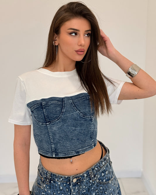 T-SHIRT CROP DENIM BIANCA
