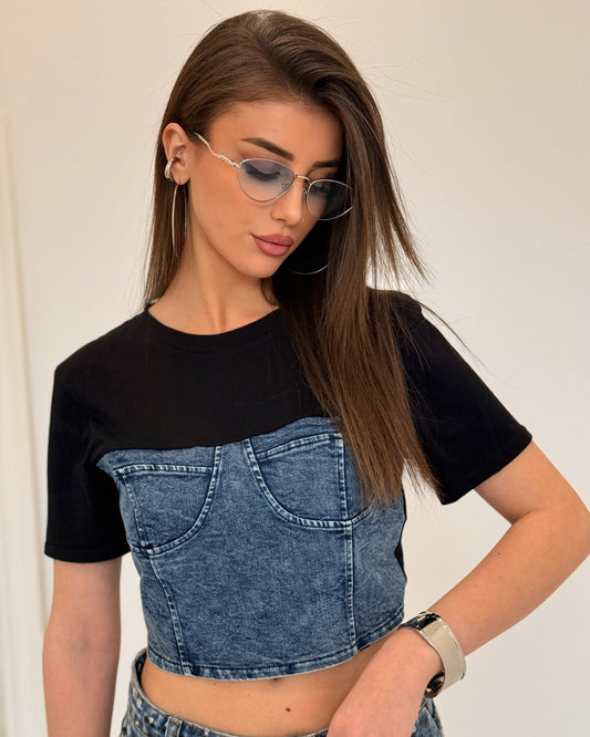 T-SHIRT CROP DENIM NERA