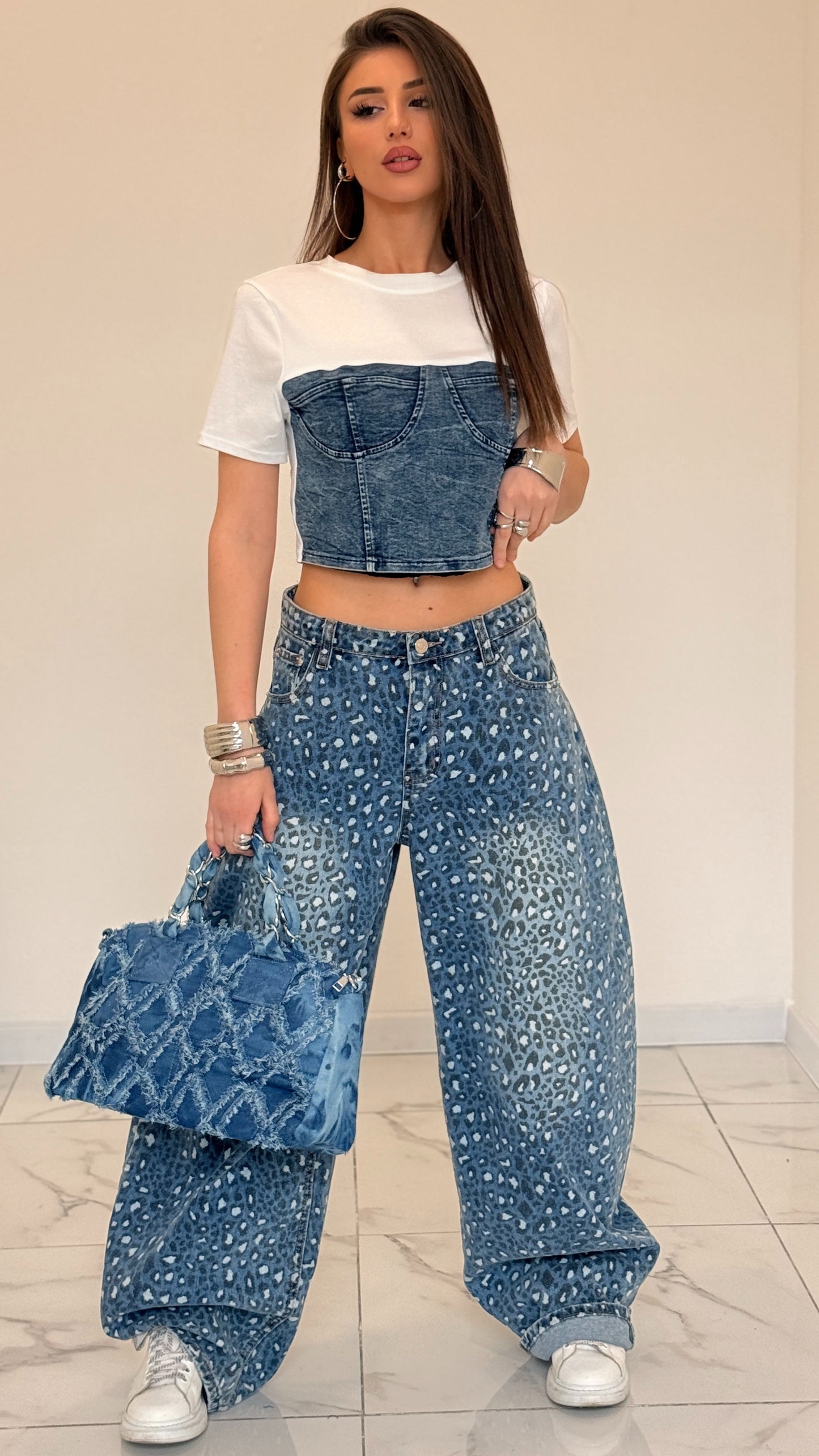 T-SHIRT CROP DENIM BIANCA