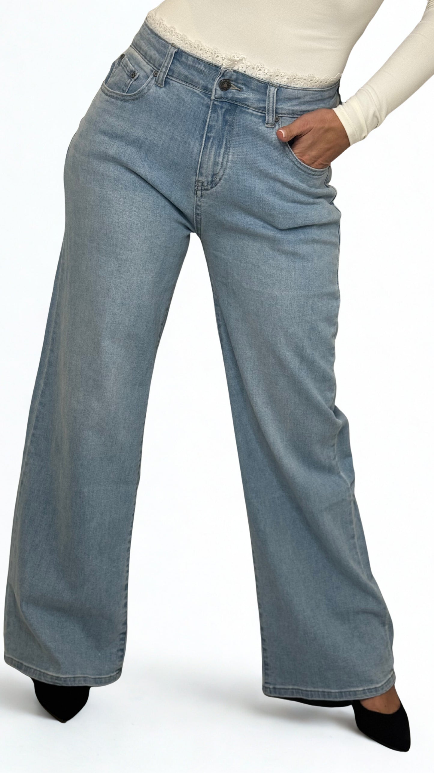 JEANS A PALAZZO CON PIZZO