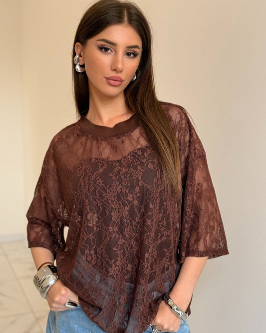 T-SHIRT PIZZO OVER MARRONE